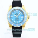 Swiss Clone Gold Rolex Submariner Blaken Tiffany Dial Black Rubber Strap Watch 